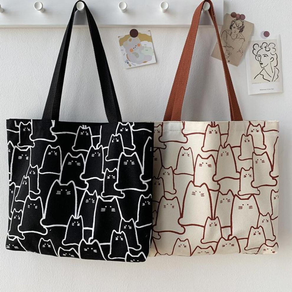 (black) Canvas Bags Handbag For Women Shopper Cute Cat Tote Bag With Zipper Designer Bag Japanese Style Cartoon Small Shoulder Bags