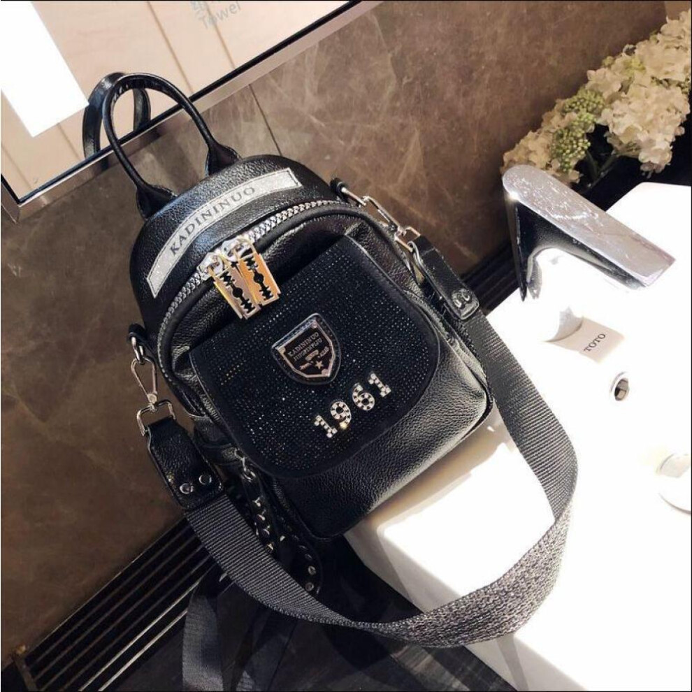 (black) Hot Diamond Multi Purpose Backpack Women&apos;s Fashion Backpack Silver Soft Leather Leisure Travel Bag Schoolbag