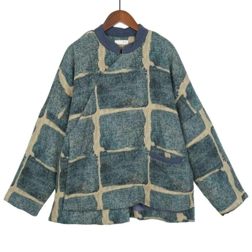 (blue, One Size) Johnature Women Vintage Print Floral Winter Parkas Plus Cotton Stand Long Sleeve Coats Button Chinese Style Warm Parkas