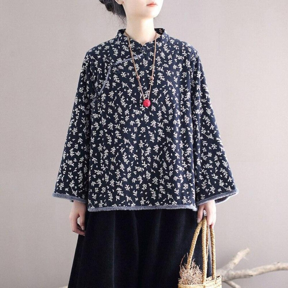 (black, M) Johnature Women Buckle Plus Velvet Cotton Clothing Stand Print Floral Loose Long Sleeve Coats Winter Chinese Style Coat
