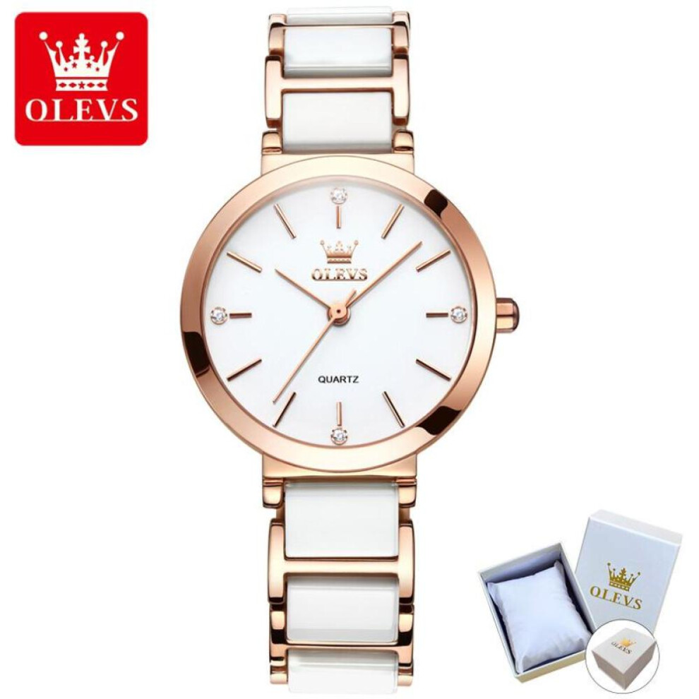 (white) Olevs 5877 With Gift Box Ceramic Strap Quartz Watch Simple Trend Ladies Watch