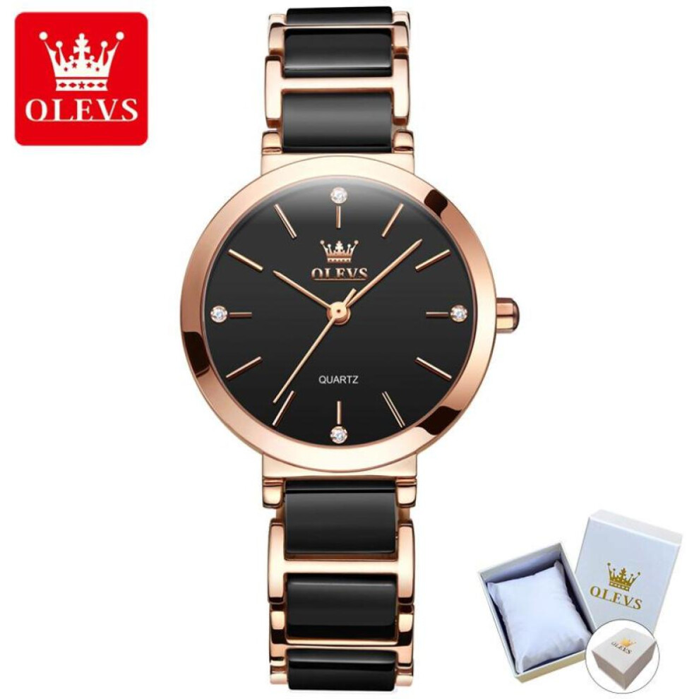 (black) Olevs 5877 With Gift Box Ceramic Strap Quartz Watch Simple Trend Ladies Watch