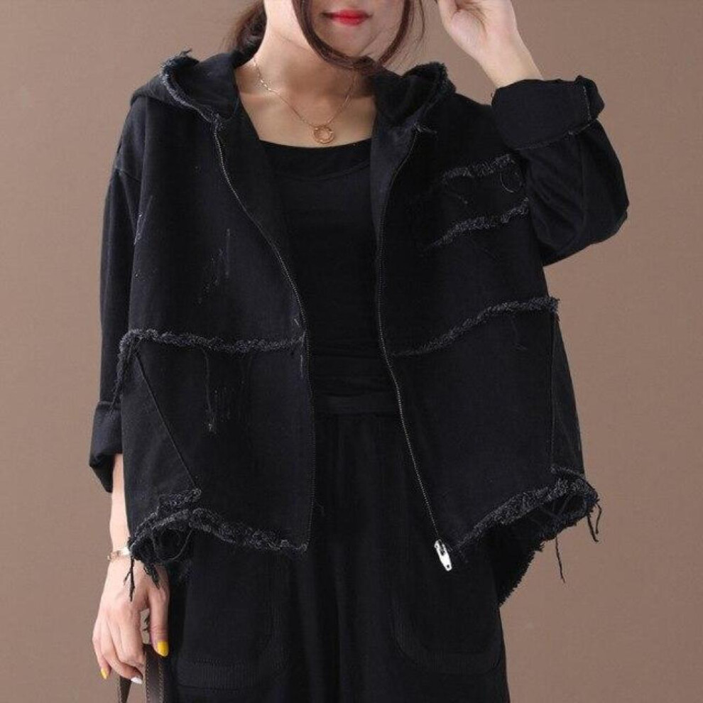 (black, One Size) Fashion Korean Punk Streetwear Ladies Hooded Clothes Womens Vintage Autumn Jackets Oversized Denim Coats