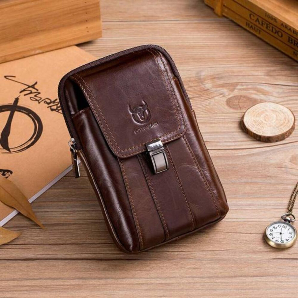 (brown) Bullcaptain  Genuine Leather Vintage Waist Packs Men Travel Fanny Pack Belt Bum Shoulder Bag Waist Bag Mobile Phone Pouch