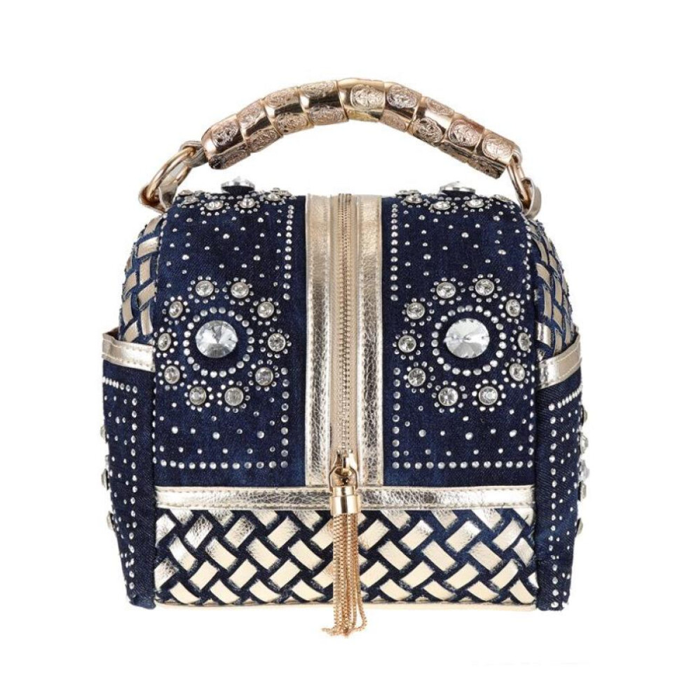 (gold) Designer Woven Women Handbag Famous Brand Rhinestone Totes Shoulder Bag Luxury Bags Denim Bag