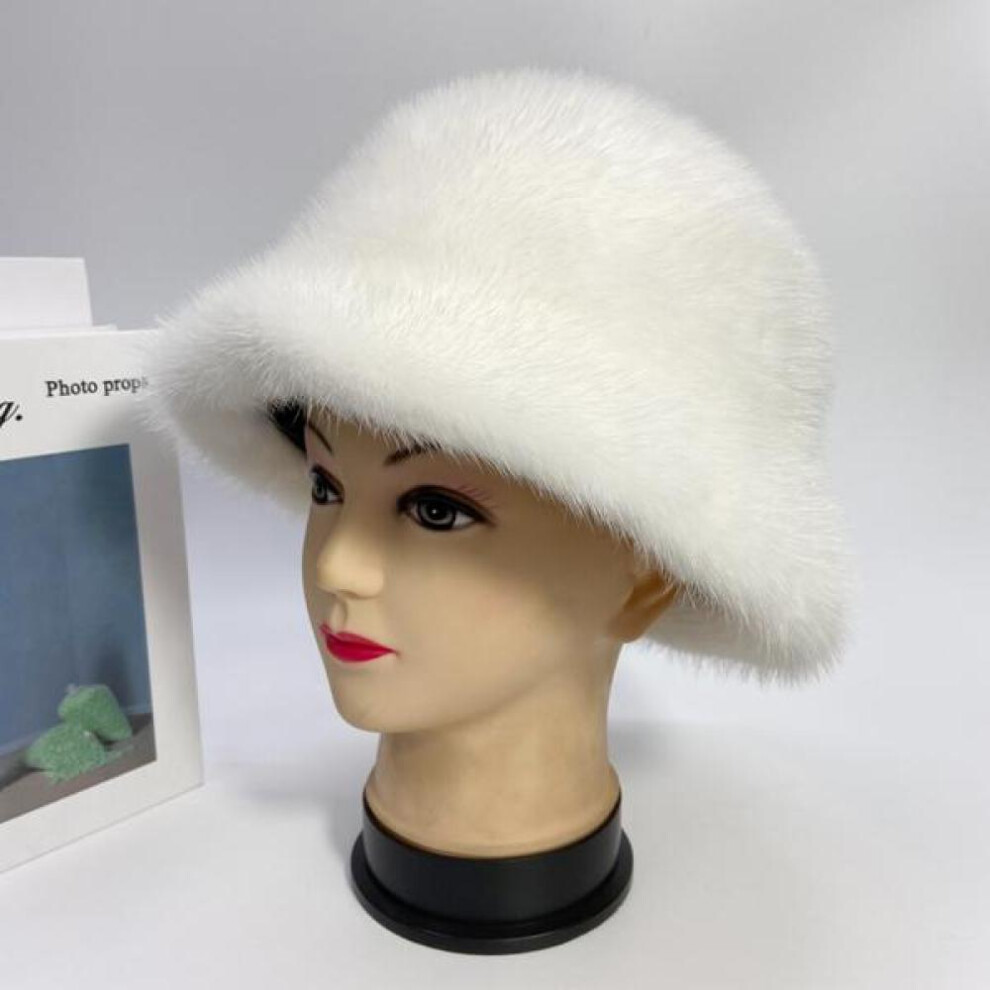 (white, head size 55-62cm) Women&apos;s Winter Hat Luxury Mink Cap Solid Fashion Bucket Domo Hat Soft Brim Outdoor Ushanka Fluffy Stylish Genuine Mink Fur Hat