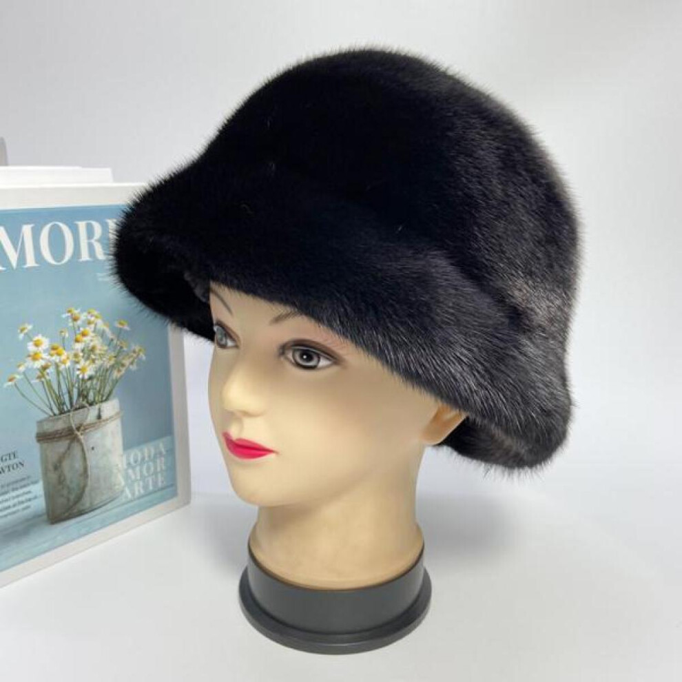 (black, head size 55-62cm) Women&apos;s Winter Hat Luxury Mink Cap Solid Fashion Bucket Domo Hat Soft Brim Outdoor Ushanka Fluffy Stylish Genuine Mink Fur Hat