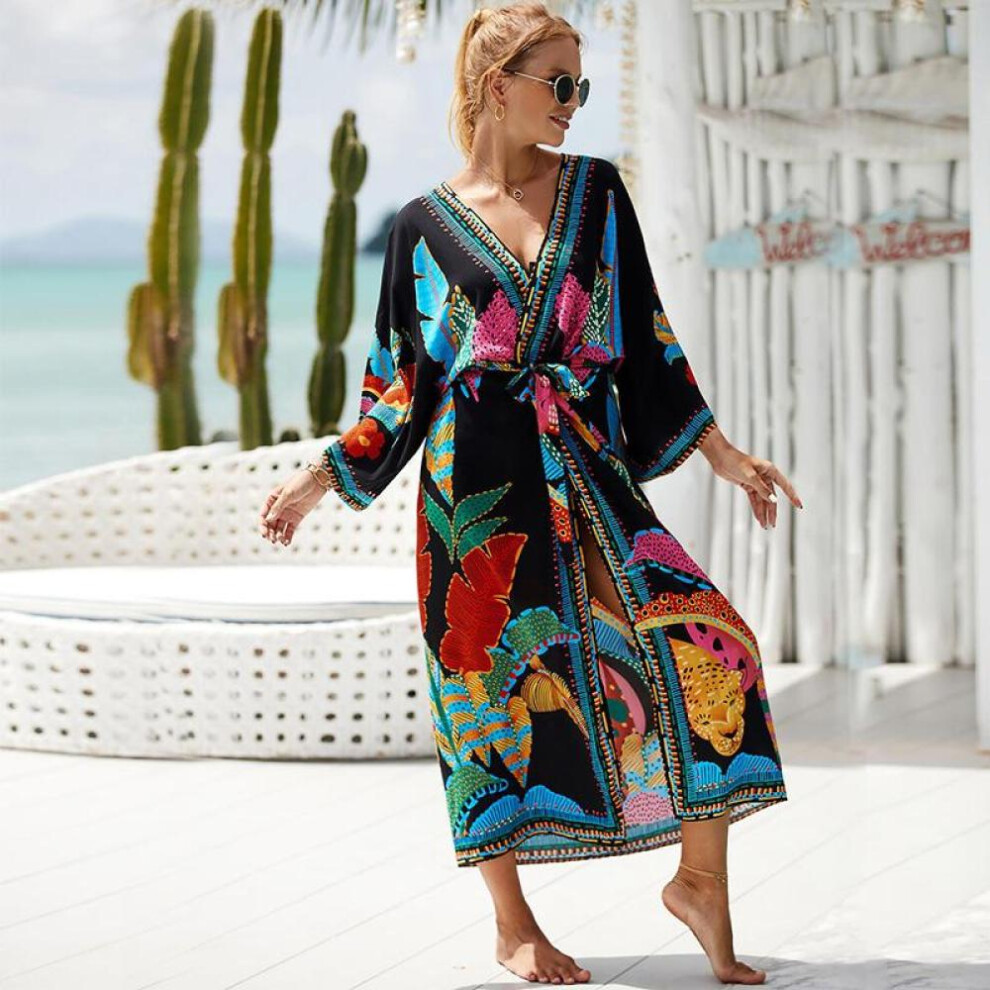 (multicolor, One Size) Edolynsa Women Bikini Kimono Cardigans Print Long Bathing Suit Cover Ups For Swimwear Plus Size Loungewear With Self Belt Q1512