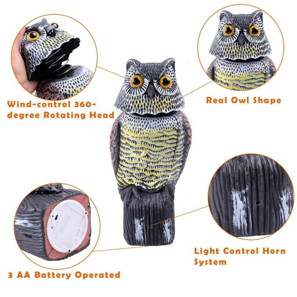 (Sounding Style) Realistic Bird Scarer Rotating Head Sound Owl Prowler Decoy Protection Repellent Pest Control Scarecrow Garden Yard