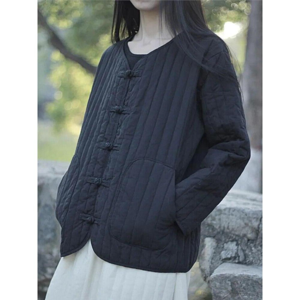 (black, One Size) Johnature Women Chinese Style Button Parkas V-neck Long Sleeve Solid Color Winter Coats Patchwork Pockets Women Parkas