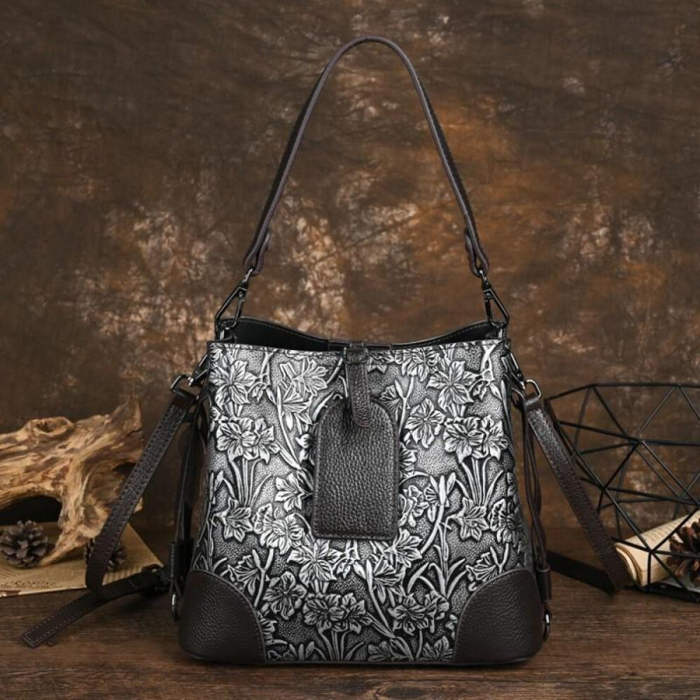 (silver) Johnature Genuine Leather Women Bucket Bag Retro Embossed Cowhide Handbag Large Capacity Shoulder & Crossbody Bags