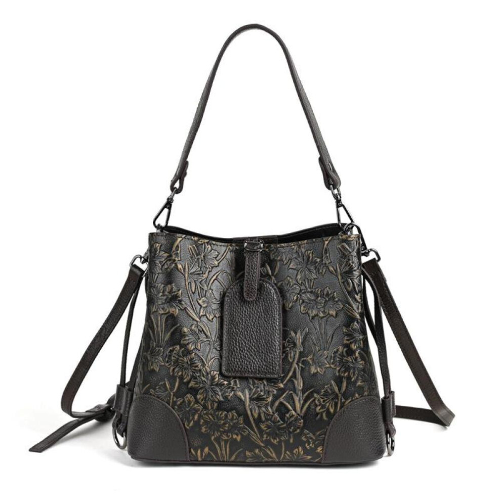(gold) Johnature Genuine Leather Women Bucket Bag Retro Embossed Cowhide Handbag Large Capacity Shoulder & Crossbody Bags