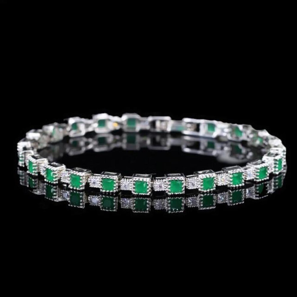 (green) Vintage 925 Sterling Silver Emerald Gemstone Bangle Charm Wedding Cocktail Bracelet Fine Jewelry