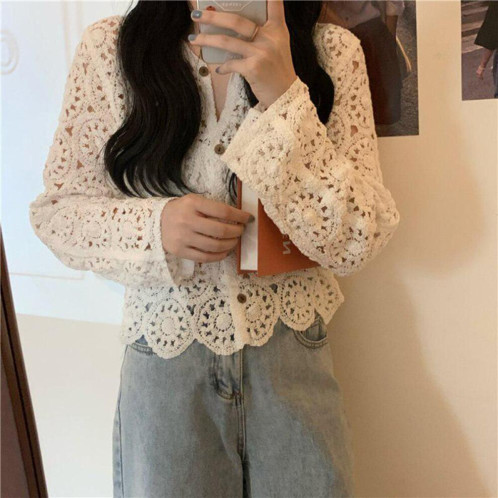 (white, One Size) Hollow Out Full Sleeves Hook Flowers Stylish Cardigans Thin Vintage Women Lace Sweet Korean Lady Chic Blouses Sweet Tops