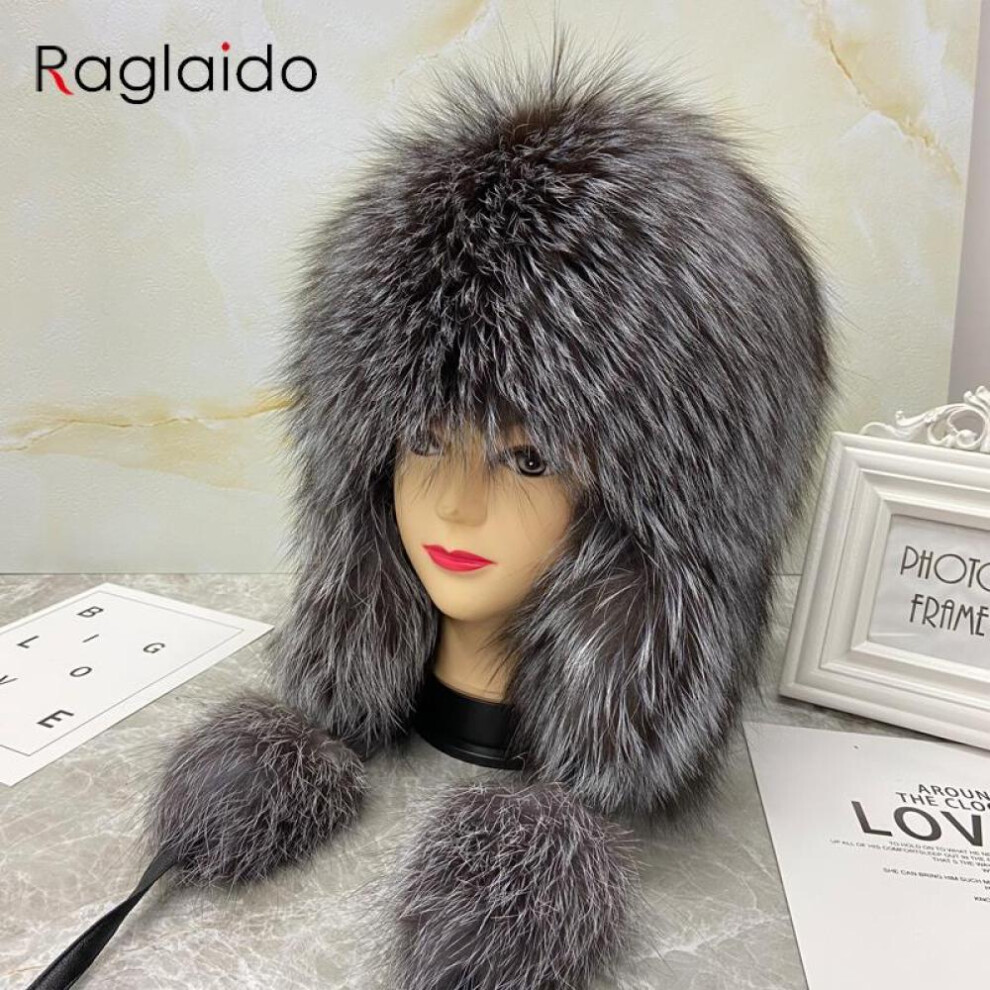 (grey, head size 55-59cm) New Fluffy Soviet Hat Real Fox Fur Hats For Woman Winter  Octopus Bomber Earflap Knitted Ball Fashionable Flap Cap Mongolian Hat
