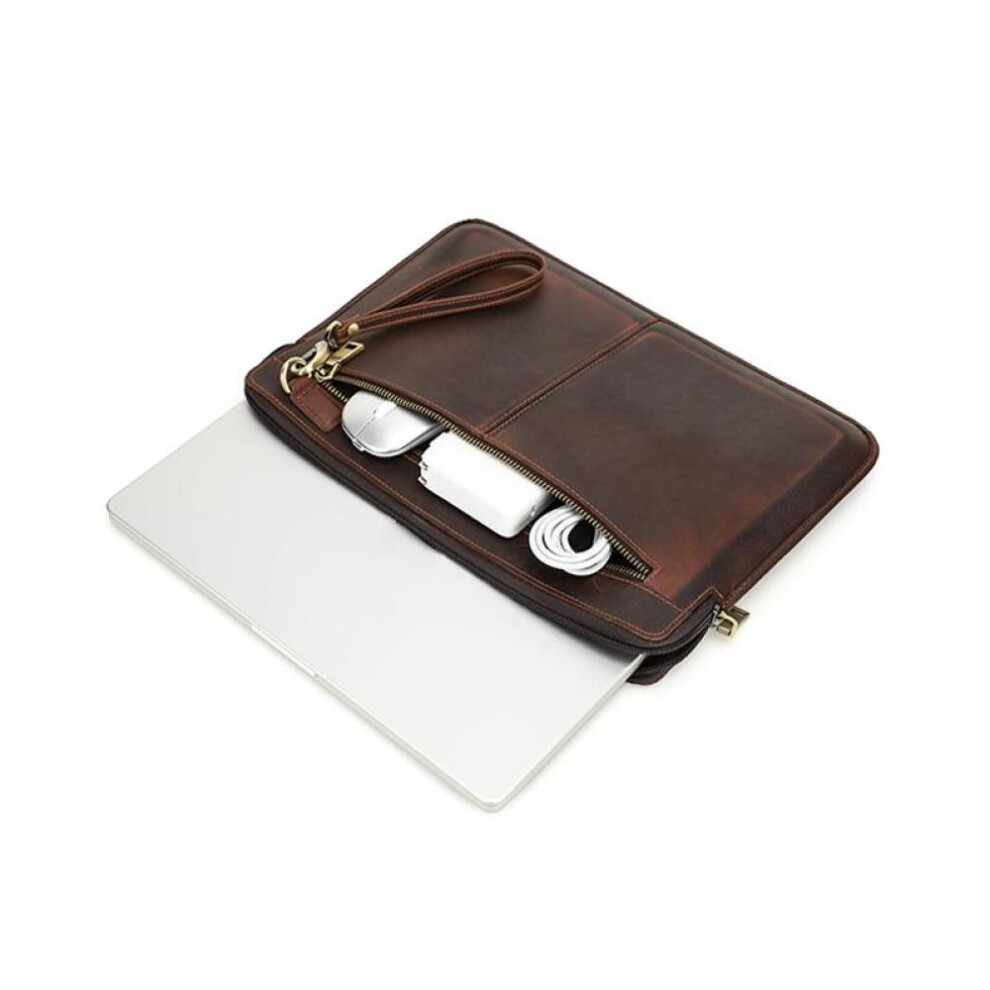 (coffee) Genuine Leather Laptop Case For Macbook Pro 14.2 Inch 2021 Macbook 13-14 Inch Crazy Horse Cowhide Leather Case