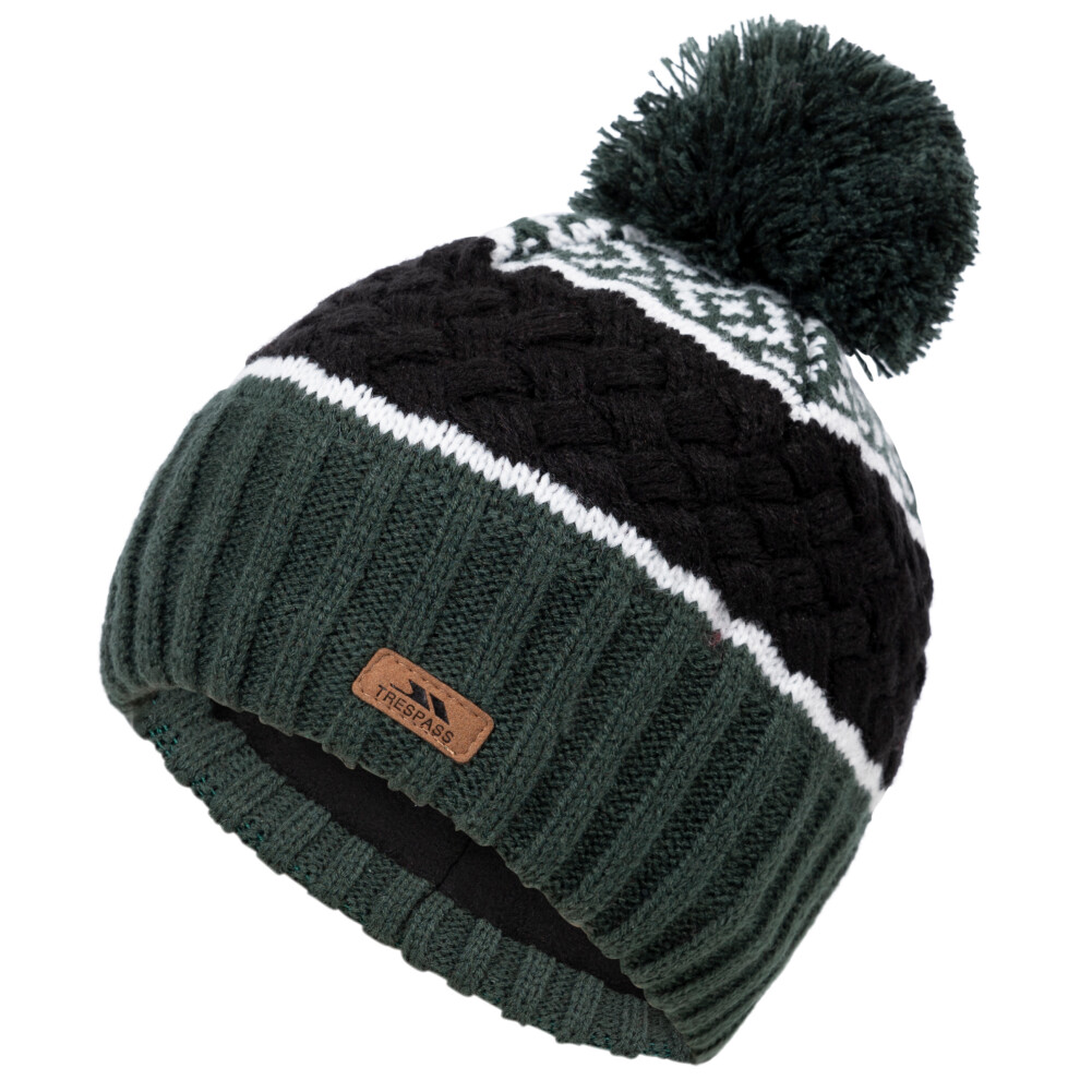 (8/10, Spruce Green/Black/White) Trespass Kids Bobble Hat Beanie Fleece Lined Axel