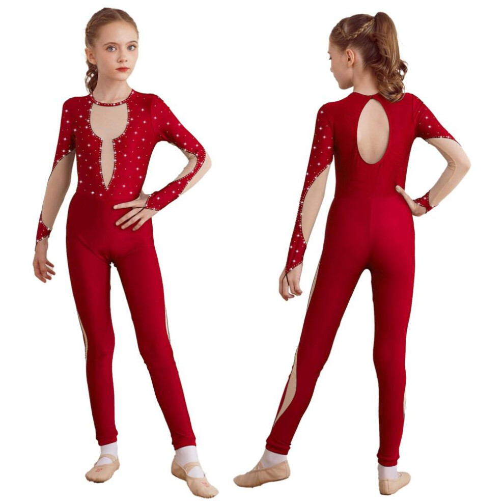 (red, 13-14 Years) Girls Skating Bodysuit Ballet Dance Unitard Gymnastics Jumpsuit Leotard Dancewear Long Sleeve Catsuit