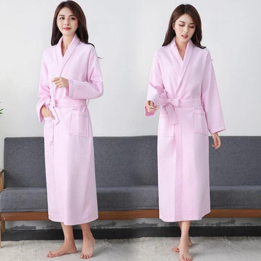 (pink, M) Bathrobe Women Waffle Cotton Extra Long Robe Solid Robe Female Long Soft Casual Sleepwear Pajamas For Women Home Robe Sping