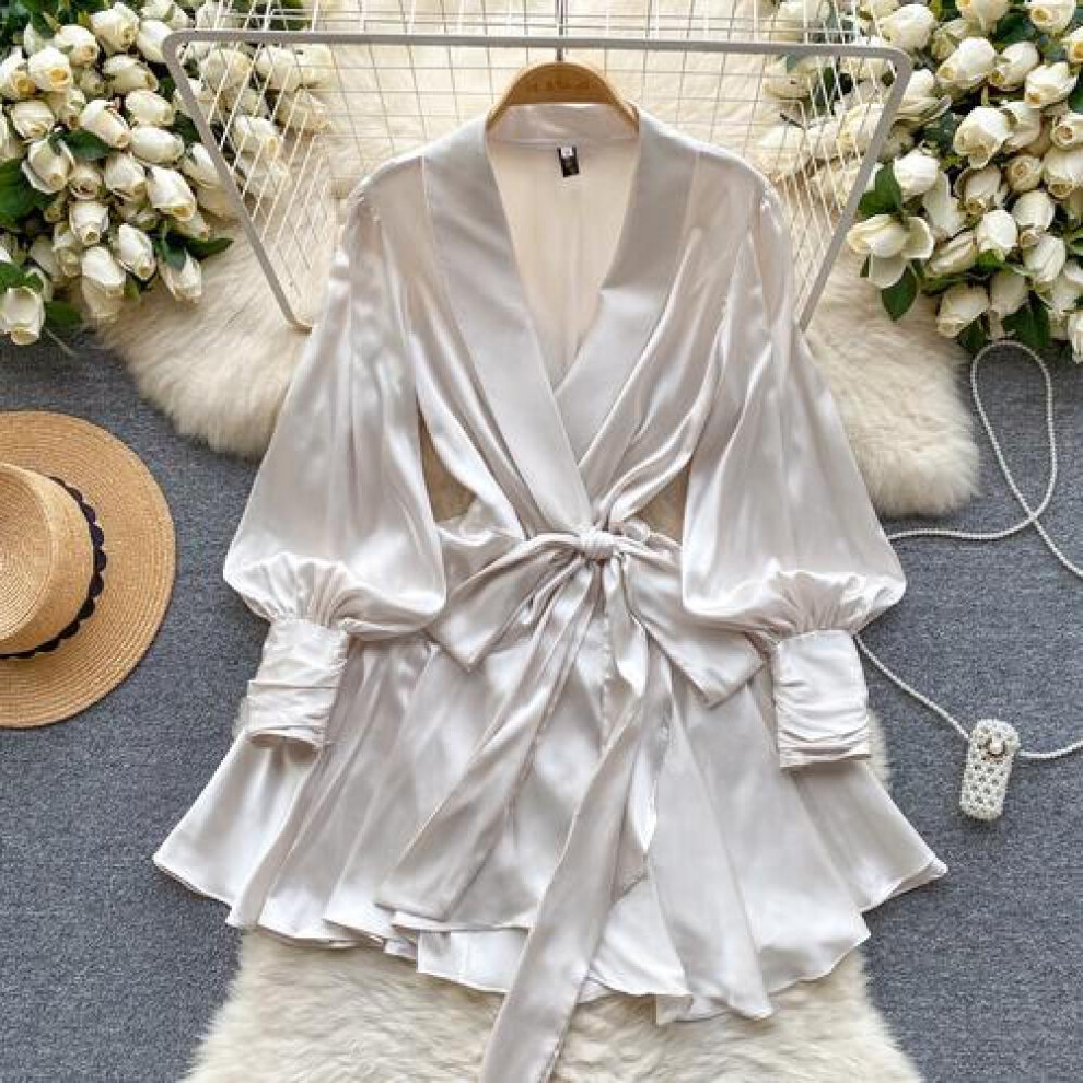 (apricot, XL) V Neck Puff Sleeve Satin Lace-up Solid Color Dresses for Women French Chic Pleated Dress Spring Women Dresses