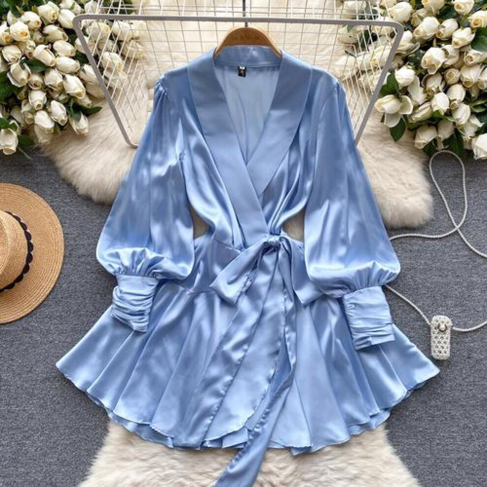 (blue, XL) V Neck Puff Sleeve Satin Lace-up Solid Color Dresses For Women French Chic Pleated Dress Spring Women Dresses