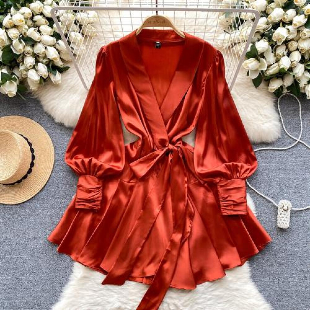 (orange, XL) V Neck Puff Sleeve Satin Lace-up Solid Color Dresses for Women French Chic Pleated Dress Spring Women Dresses
