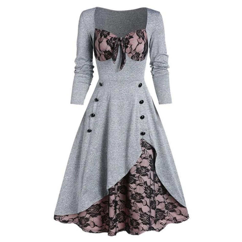 (grey, XL) Halloween Women Medieval Vintage Gothic Renaissance Dress  Cosplay Palace Retro Lace Stitching Button Long Sleeve Ladies Dress Dress Plus Size