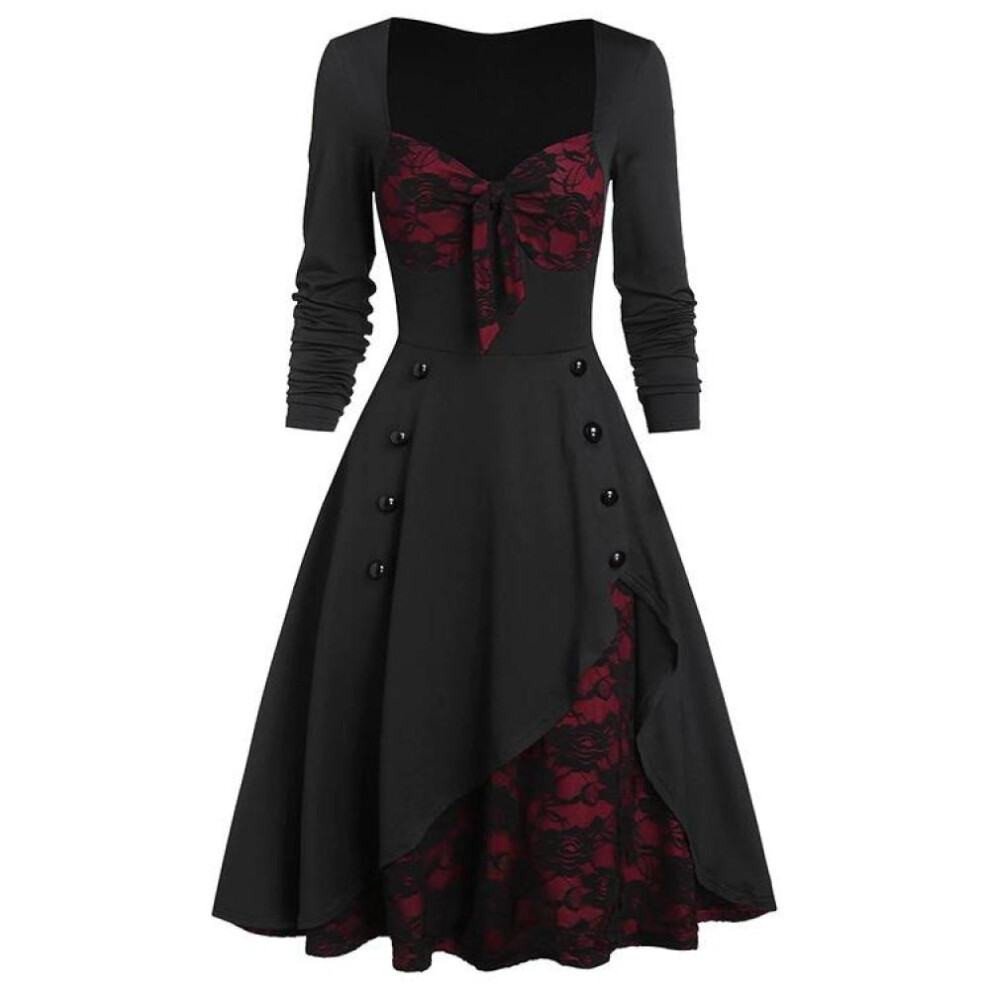 (wine red, 3XL) Halloween Women Medieval Vintage Gothic Renaissance Dress  Cosplay Palace Retro Lace Stitching Button Long Sleeve Ladies Dress Dress Plus Size