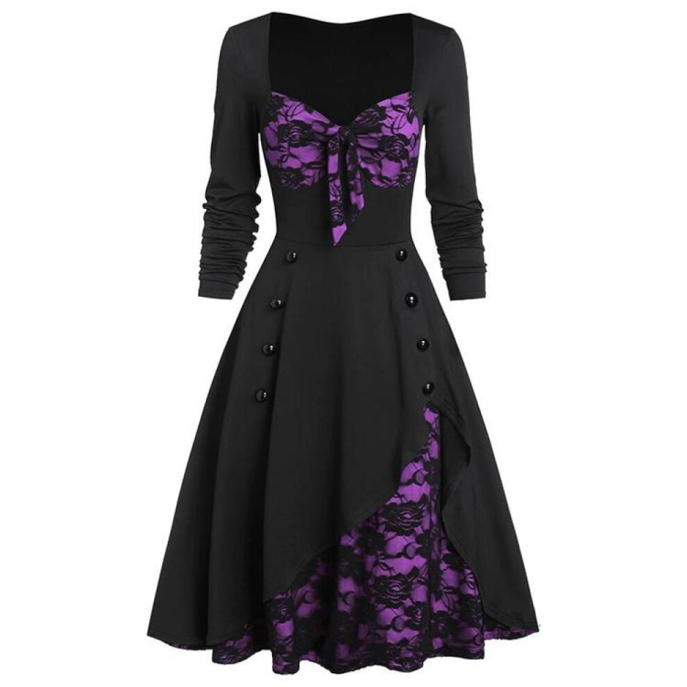 (purple, XL) Halloween Women Medieval Vintage Gothic Renaissance Dress  Cosplay Palace Retro Lace Stitching Button Long Sleeve Ladies Dress Dress Plus Size