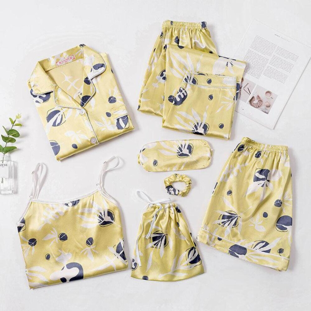 (light yellow, M) 7 Pcs Woman Pajama Set Nightdress+top+long Short Pant Set Striped Sexy Female Pajamas