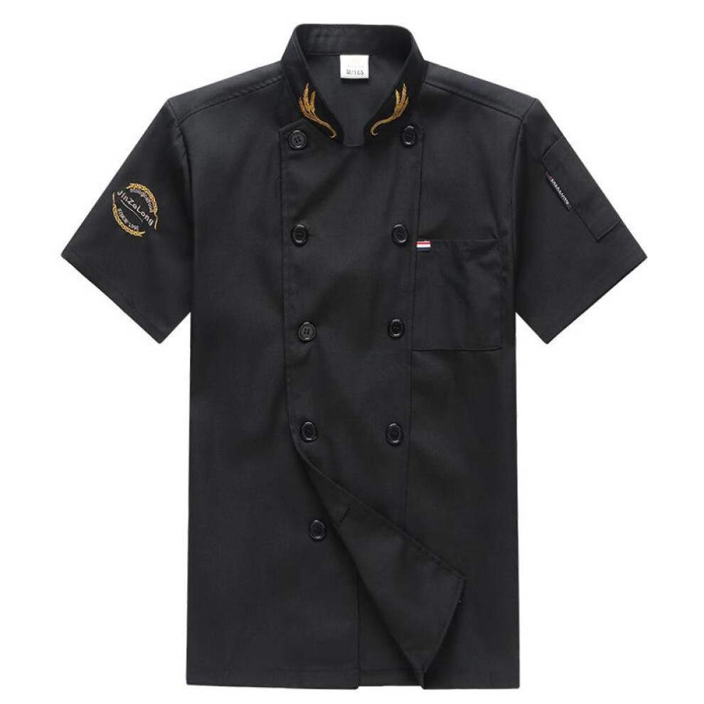(black, XXL) Unisex Kitchen Hotel Chef Uniform Bakery Food Service Cook Mesh Back Stand Collar Short Sleeve Shirt Breathable Double Breasted Chef Jacket Clothes