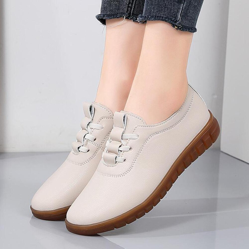(beige, 42) Women Soft Loafers Slip on Casual Elegant Summer Sneakers Breathable Leather Moccasins Shoes