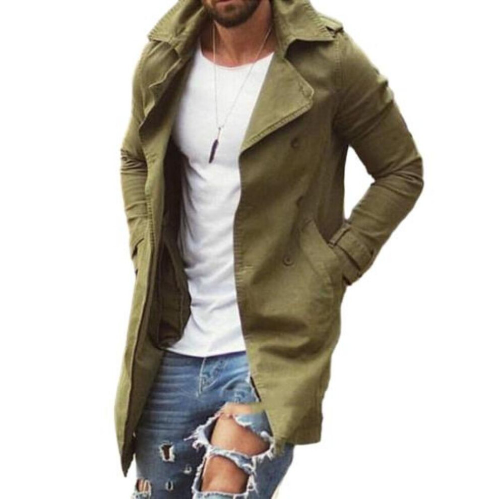 (army green, 2XL) Men Autumn Coat Solid Color Slim Fit Mid Length Lapel Plus Size Pockets Long Sleeve Windproof Buttons Breathable Men Streetwear Jacket