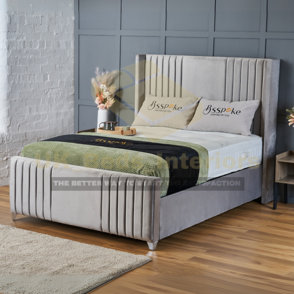 (Grey(with Mattress), 6ft Super King(without Gaslift)) Plush Velvet Upholstered Bed Frame Winged Panel Ottoman Storage Bed All Sizes UK