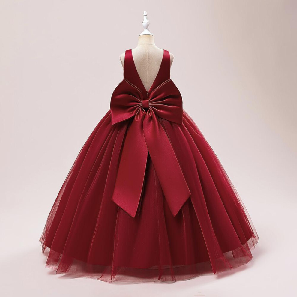 (dark red, 6) Big Bow Girls Bridesmaids Dress Long White Wedding Party Prom Pageant Princess Dresses First Communiom Formal Birthday Ball Gown
