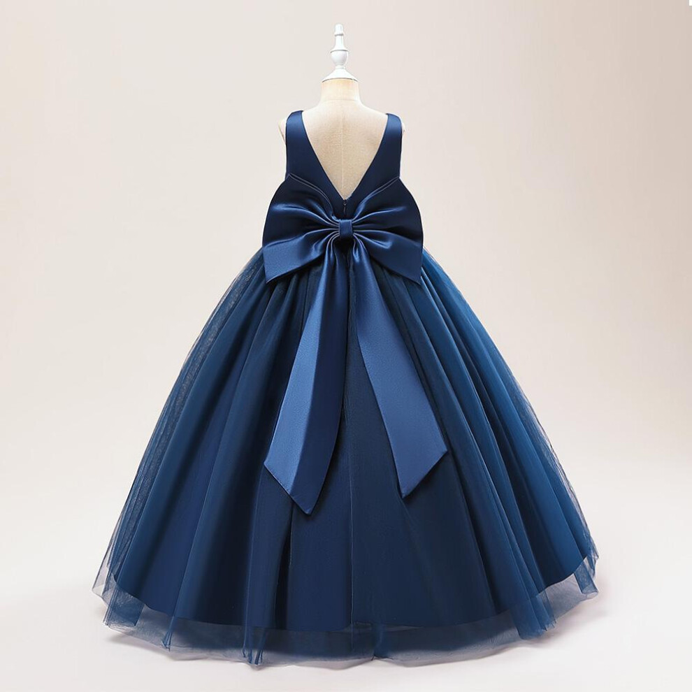 (dark blue, 12) Big Bow Girls Bridesmaids Dress Long White Wedding Party Prom Pageant Princess Dresses First Communiom Formal Birthday Ball Gown