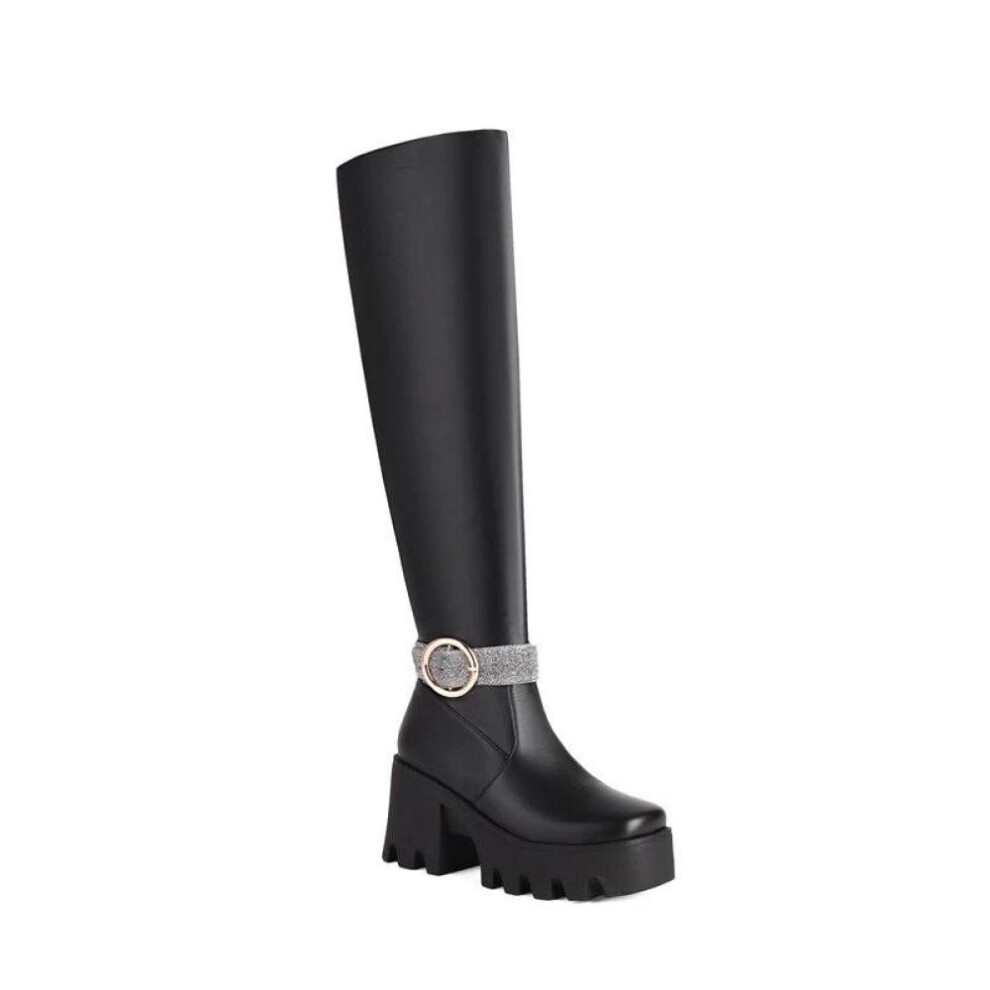 (black, 35) Annymoli Women Over-the-knee Long Boot Square Toe Platform Thick High Heels Buckle Zipper Gogo Boot Lady Fashion Shoes Winter 46