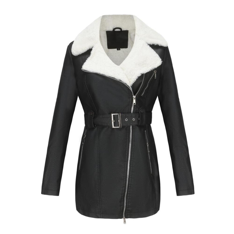 (black, L) Women's Plush Jackets Faux Leather Pu Lapel Zipper Mid Length Warm Coat With Belt Long Sleeves Autumn Winter Outer Wear Bomber Moto Biker Outfits
