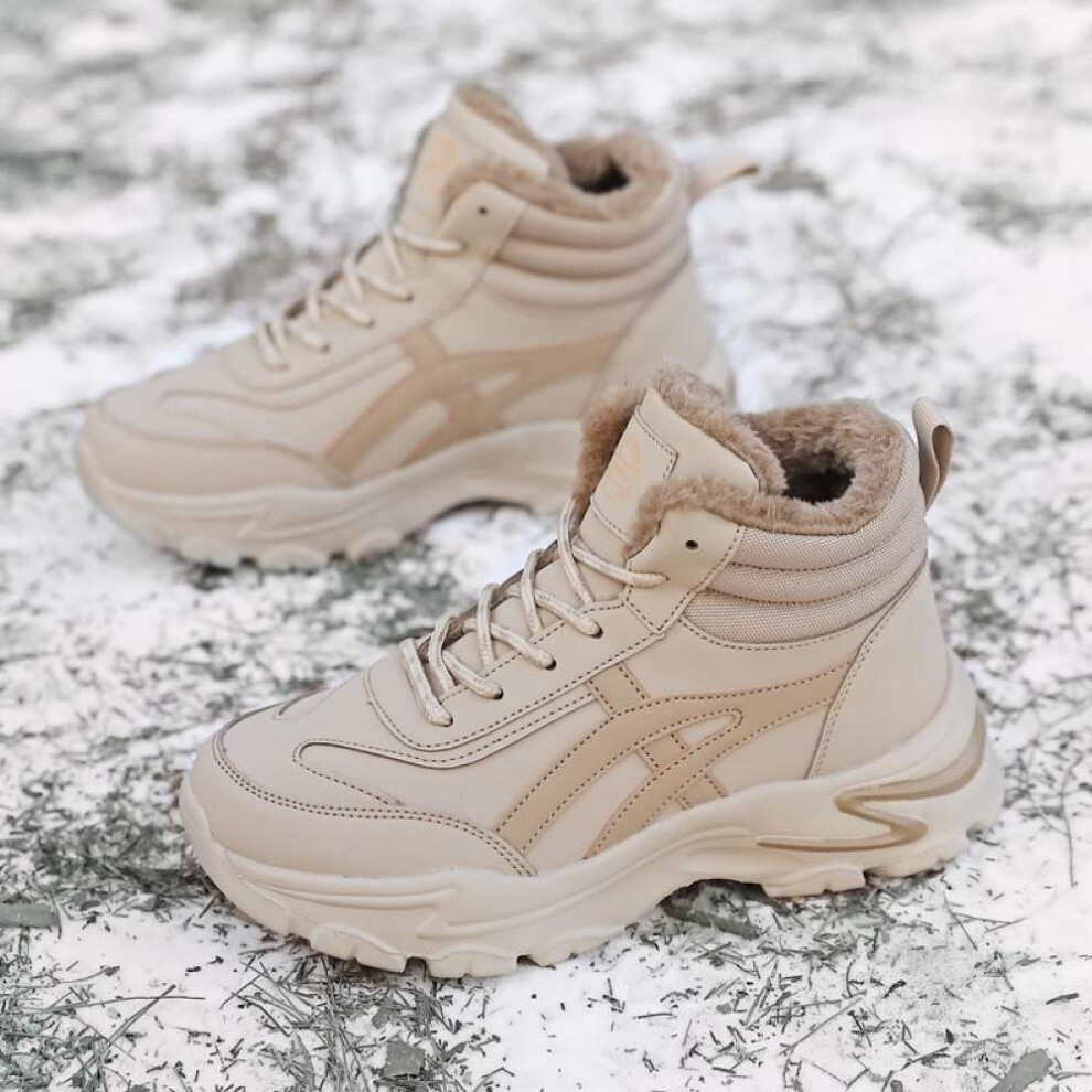 (sand, 41) Mctin Women Shoes Winter Plush Chunky Sneakers Lace Up Casual High Tops Warm Shoes