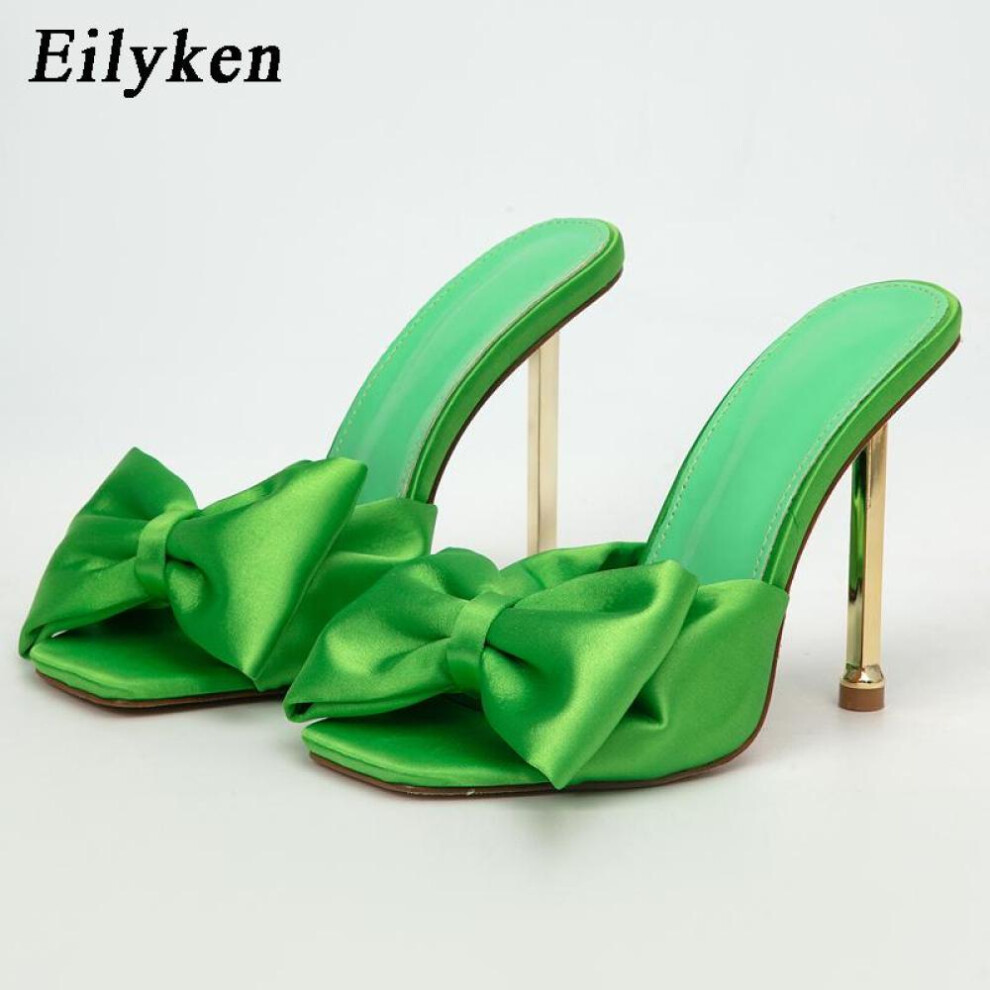 (green, 37) Eilyken High Heel Summer Silk Butterfly-knot Pumps Slipper Peep Toe Ladies Shoes Slides Metal New Brand Fashion Heels Women 9 Color Pu