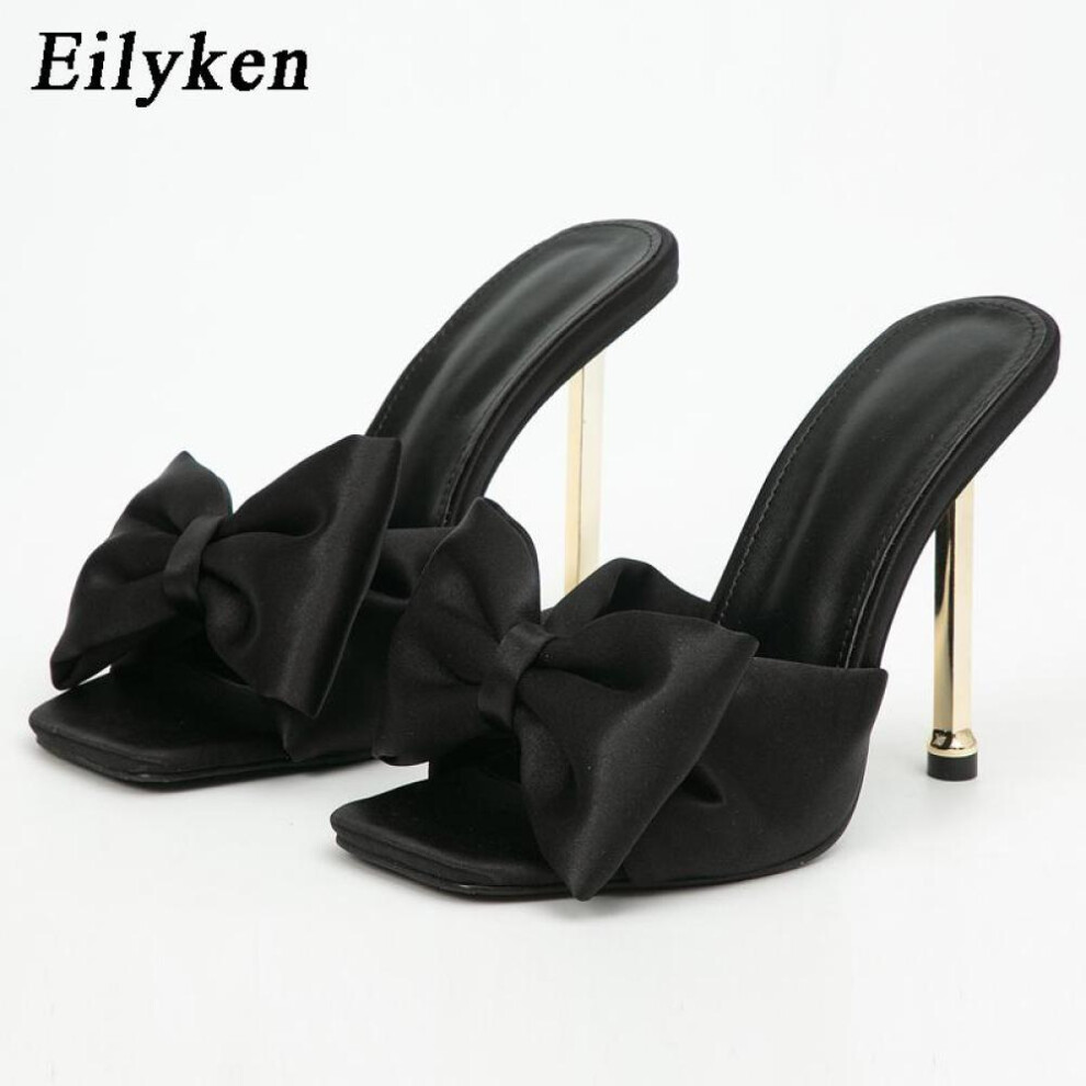 (black, 39) Eilyken High Heel Summer Silk Butterfly-knot Pumps Slipper Peep Toe Ladies Shoes Slides Metal New Brand Fashion Heels Women 9 Color Pu