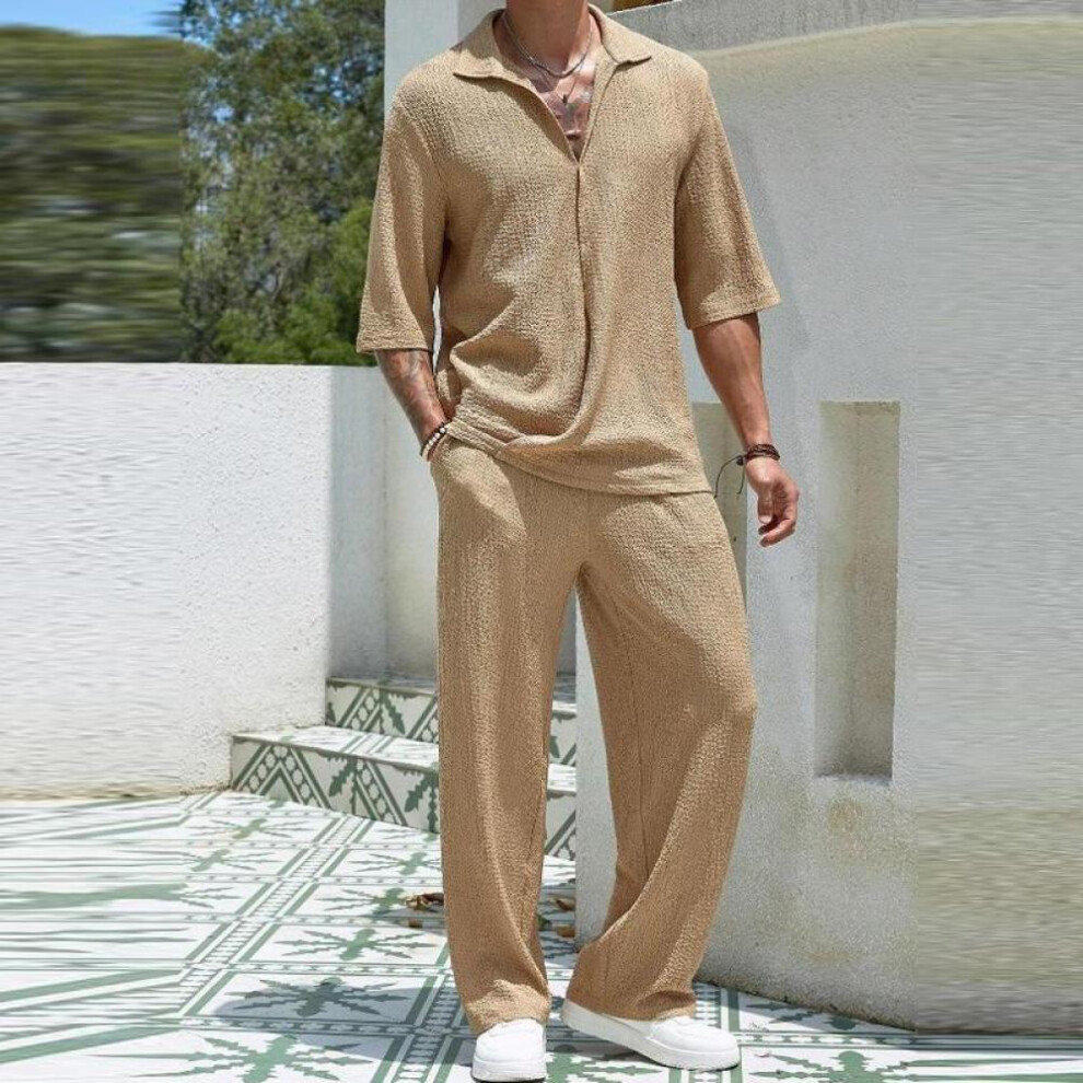 (khaki, 2XL) Spring Summer Casual Cotton Shirts And Pants Suits Men Vintage Half Sleeve Irregular Cardigan Two Piece Sets Mens Outfits