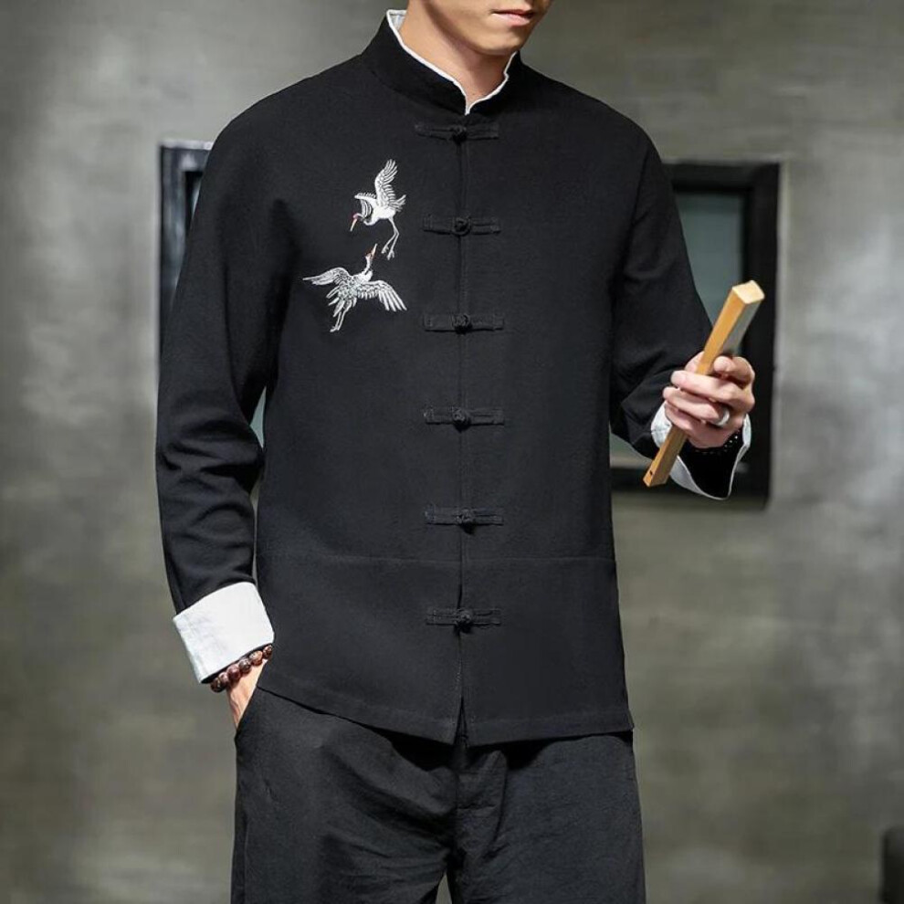 (black, XXXXXL) Shirts Traditional Chinese Vintage Clothing Men&apos;s Half Sleeve Linen Solid Madarin Collar Hanfu Kungfu Cardigan