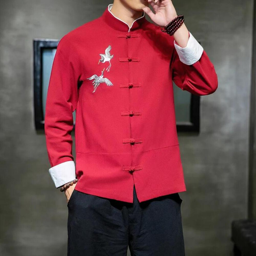 (red, M) Shirts Traditional Chinese Vintage Clothing Men&apos;s Half Sleeve Linen Solid Madarin Collar Hanfu Kungfu Cardigan