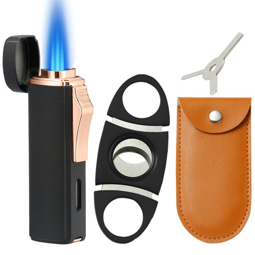 (Black) 420 Carbon Steel Cigar Cutter and Lighter Set.