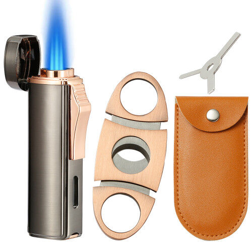 (Grey) 420 Carbon Steel Cigar Cutter and Lighter Set.