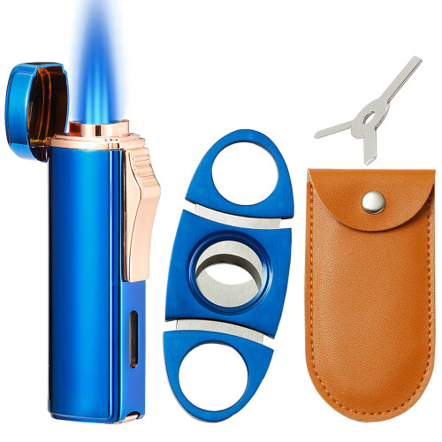 (Blue) 420 Carbon Steel Cigar Cutter and Lighter Set.