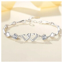 Double Heart 925 Sterling Silver Linked Charm Women Bracelet Jewelry