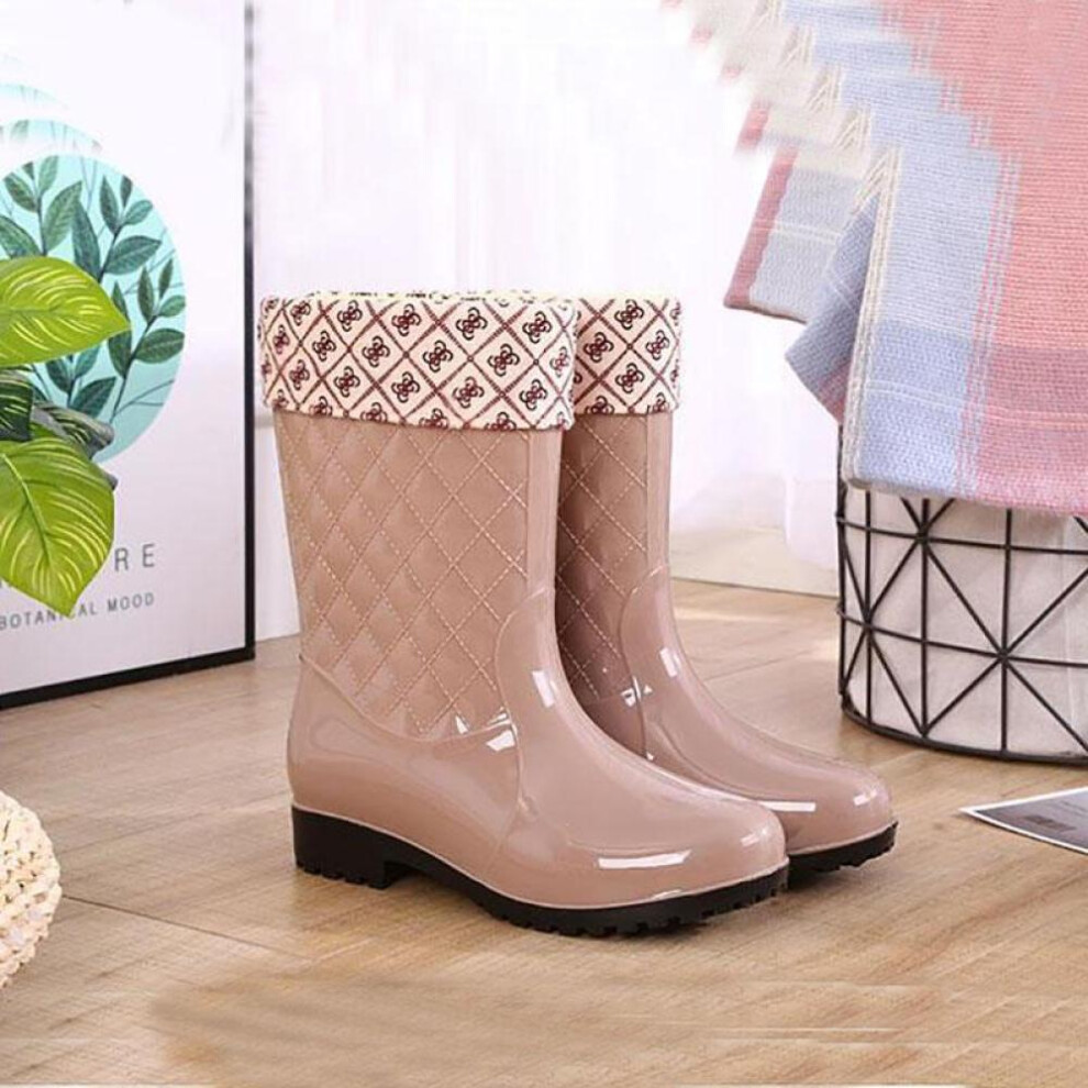 (khaki, 37) Rain Boots Ladies Mid-tube Warm Rain Boots Non-slip Water Shoes High-tube Rubber Shoes Adult Plus Cotton Boots Overshoes