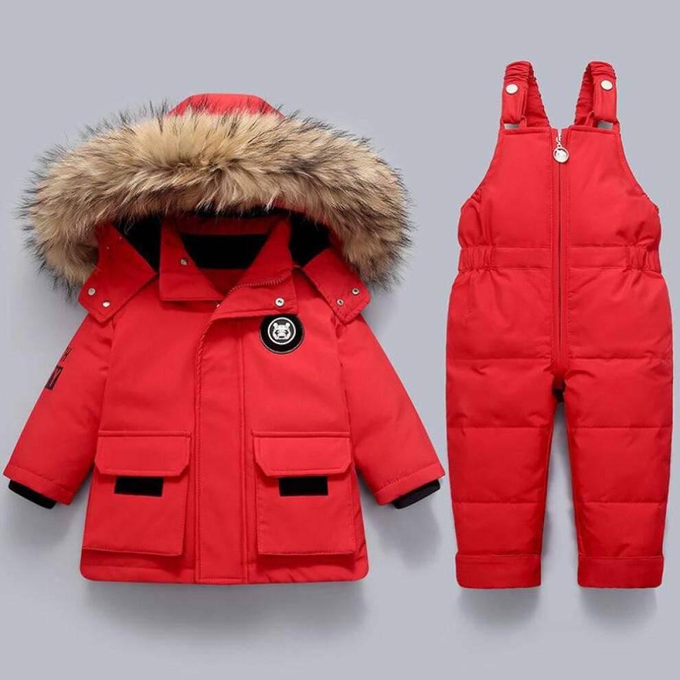 (red, 110(4T)) Children Clothing Set 2pcs Baby Winter Warm Down Jackets Boys Thicken Jumpsuit Infant Overalls Baby Girl Clothes Kids Snowsuit